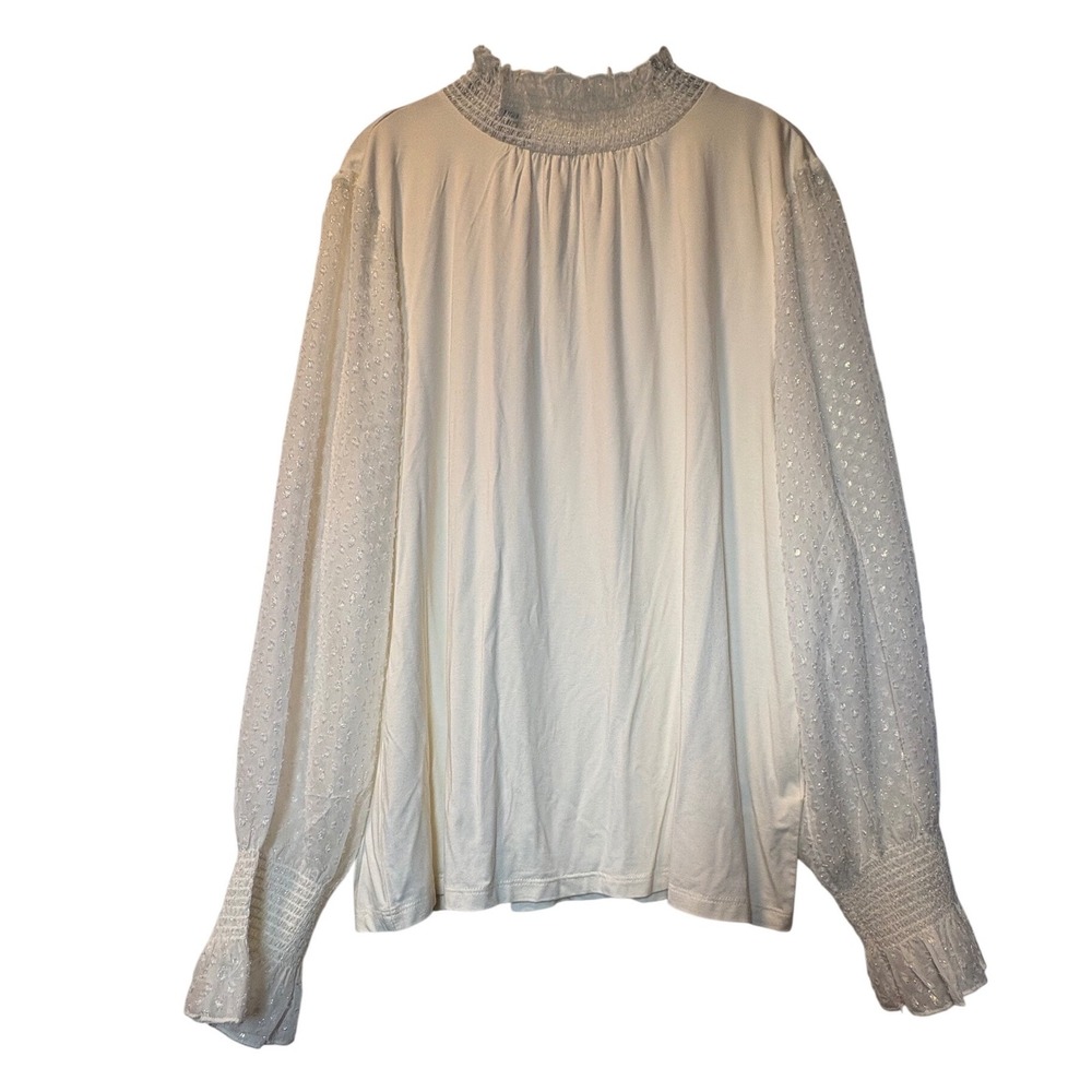 Talbots NWT Womens XL Ivory Smocked Mock Neck Top w/ Shimmer & Sheer Sleeves‎